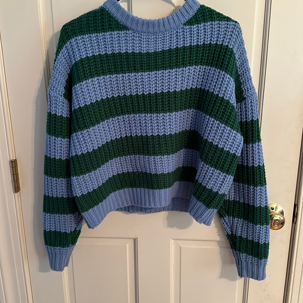 Blue and green striped sweater small
